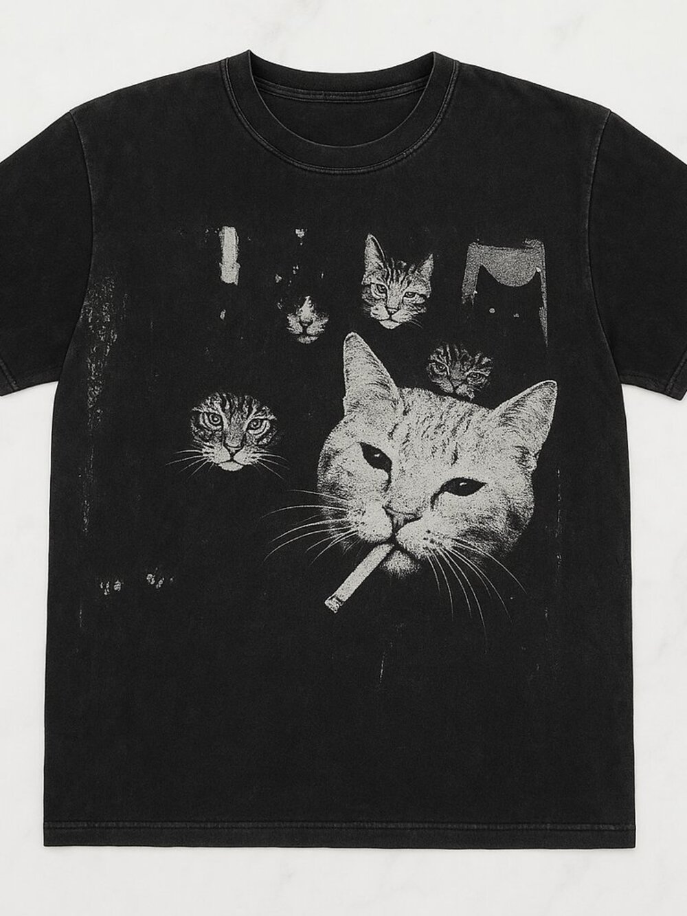 Funny Gangster Cat Graphic Tee Washed Black Edgy Meme Cats Oversized Unisex Shir